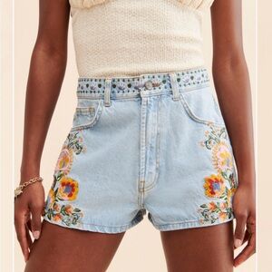 FARM Rio Light Blue Embroidered Denim Shorts with Multicolor Floral Detail